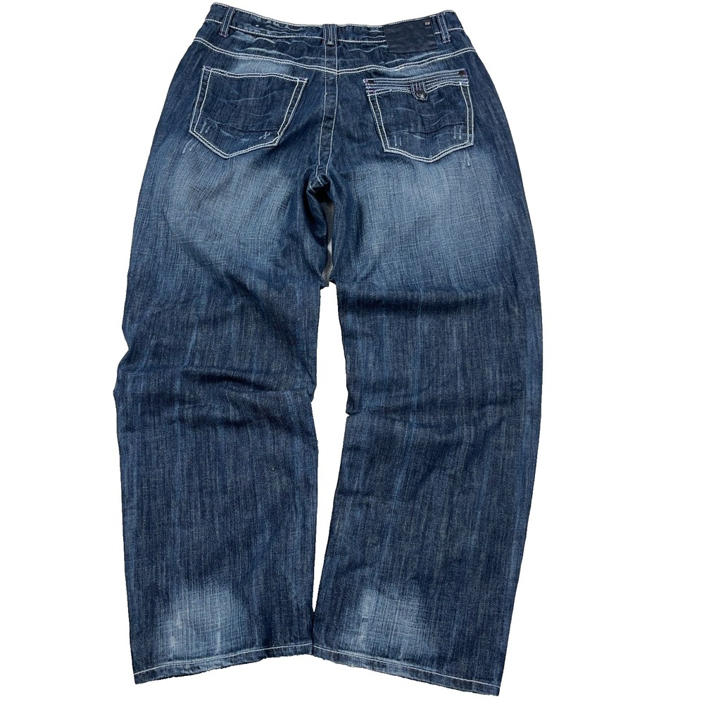 Vintage Y2K Royal Blue Jeans Men 36x32 Baggy Loose Fit Wide Leg Faded Hip Hop